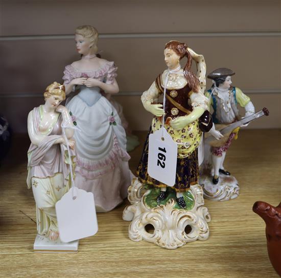 A Choisy-le-Roi Meissen-style figure of a mandolin player, a KPM Berlin figure of Deidamia and three other figures,